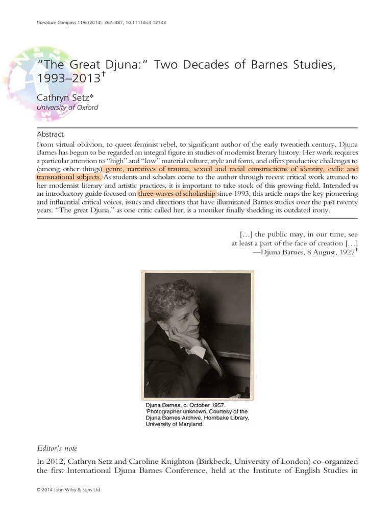 Djuna Barnes Studies: A 20-Year Review | PDF | Modernism