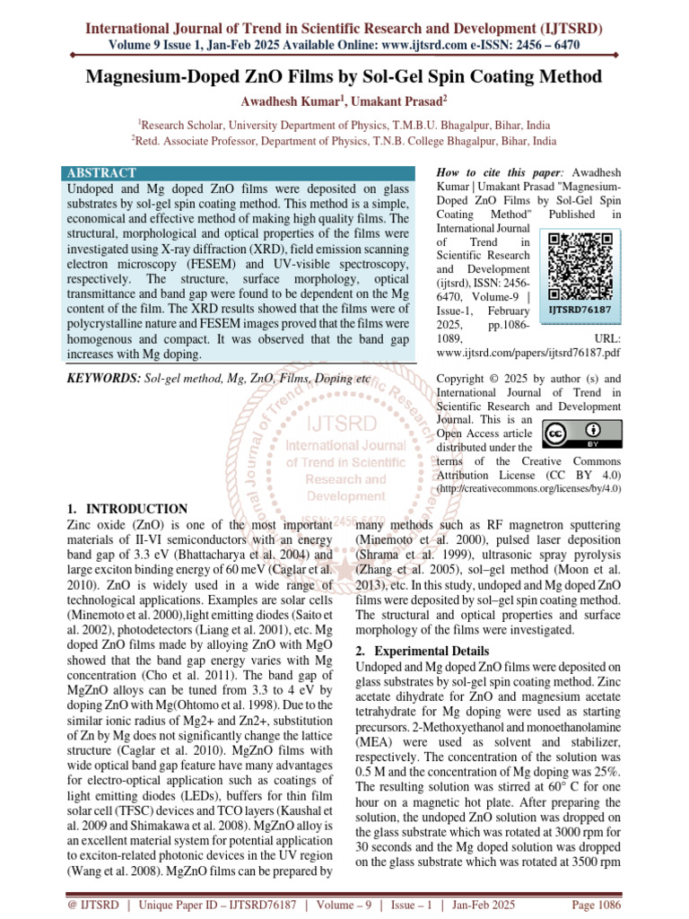 Magnesium Doped ZnO Films by Sol Gel Spin Coating Method | PDF | Zinc ...