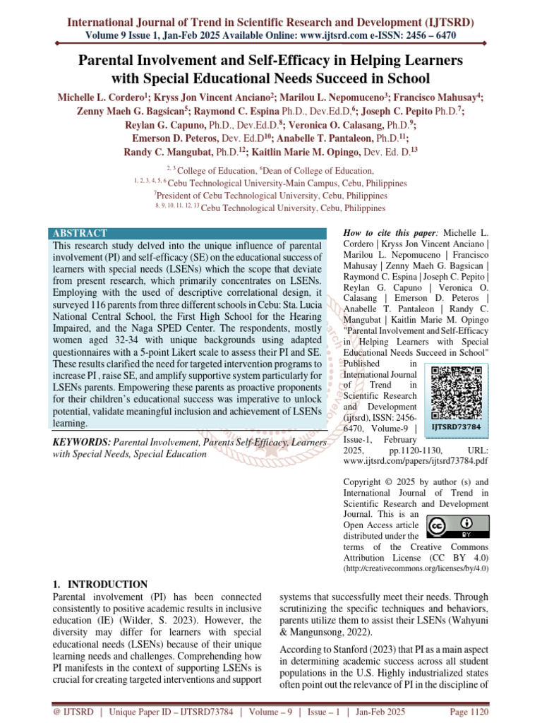 Parental Involvement and Self Efficacy in Helping Learners With Special ...