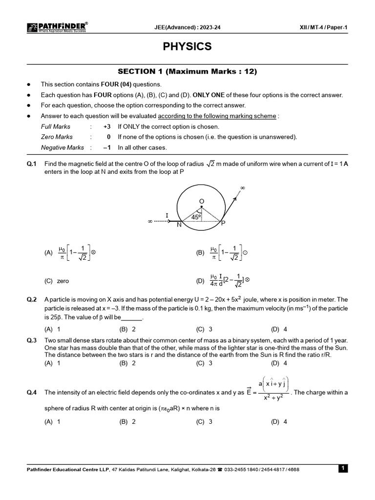 JEE Advanced 2023-24 Physics Paper 1 | PDF | Electron | Stars