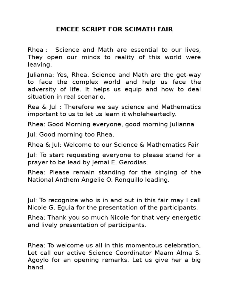 Emcee Script for Scimath Fair | PDF