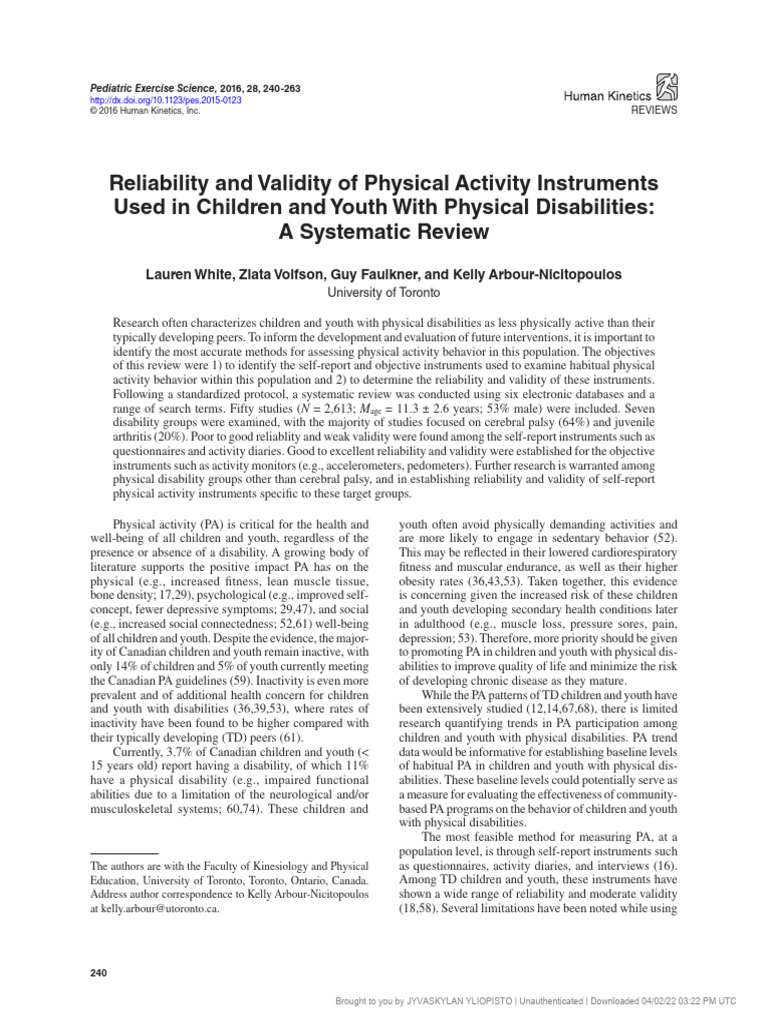 Reliability and Validity of Physical Activity Instruments Used in ...