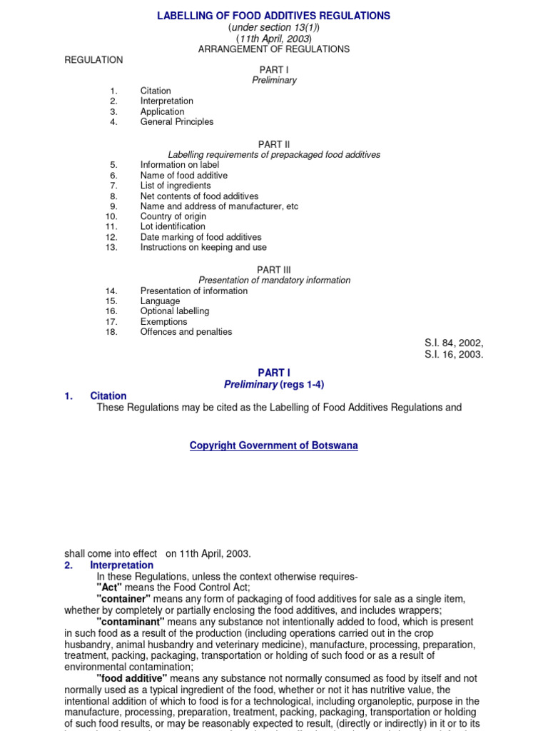 Food Additives Labelling Regulations | PDF