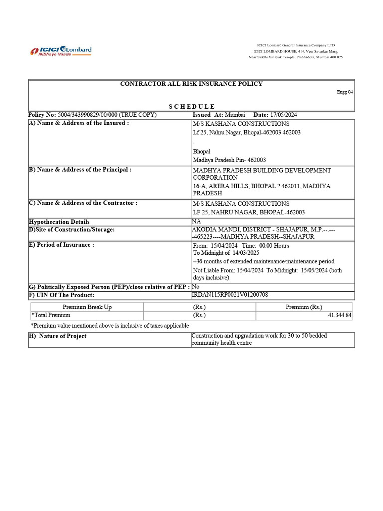 ICICI Lombard Contractors All Risk Policy | PDF | Insurance | Indemnity