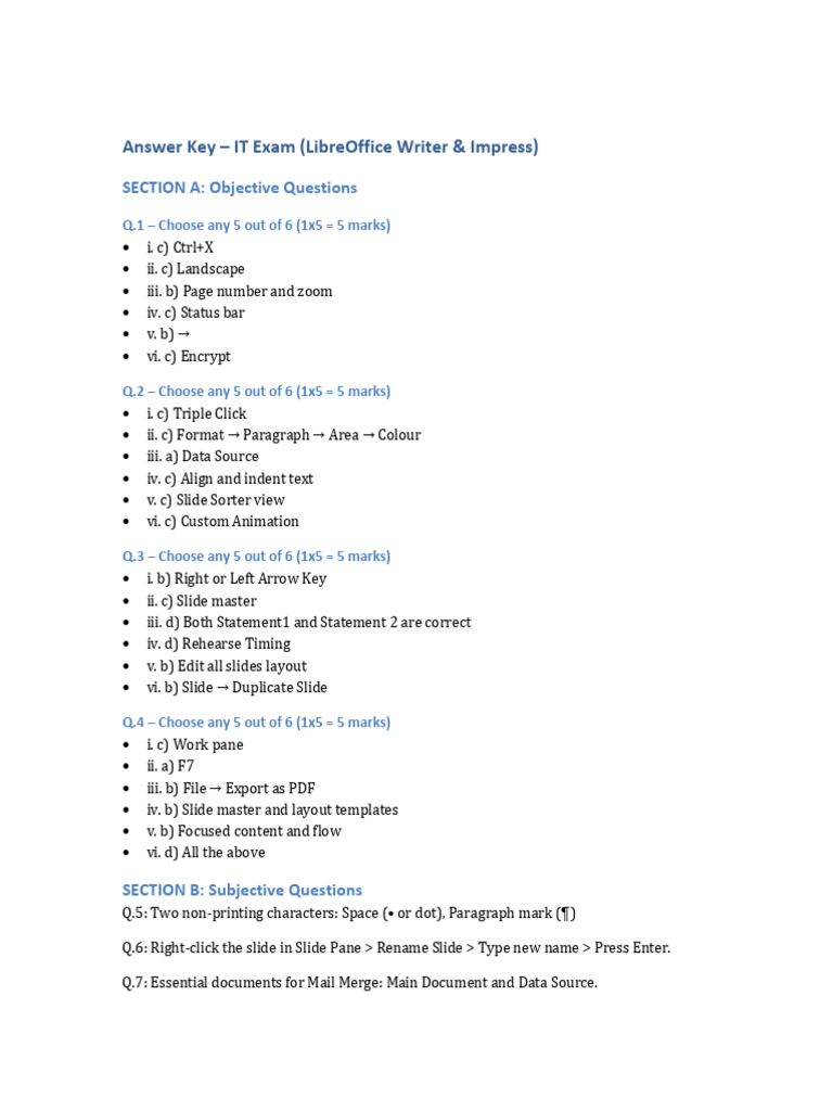 IT Exam Answer Key: LibreOffice Guide | PDF | Microsoft Word | Writing