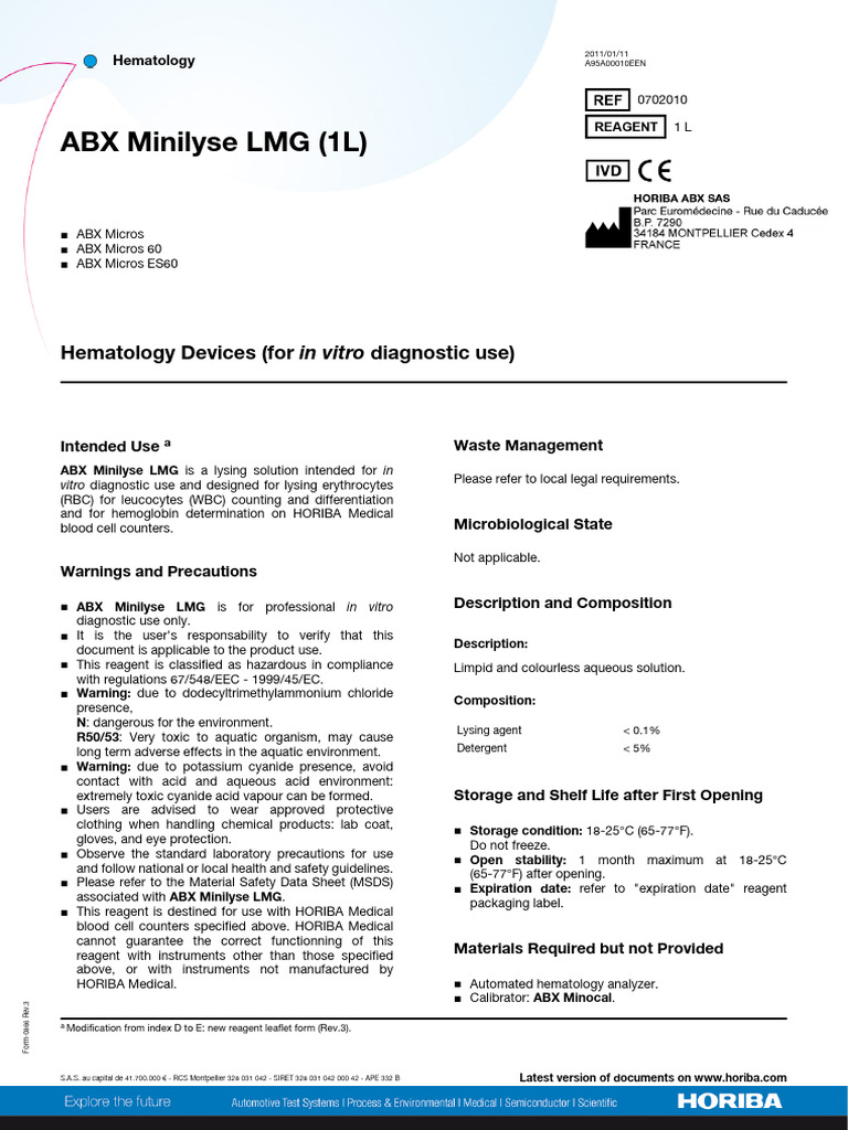 ABX Minilyse LMG Usage Guidelines | PDF | Red Blood Cell | Body Fluids