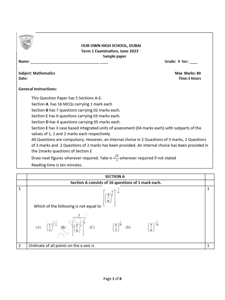 Grade 9 Maths Term 1 Sample Paper | PDF | Cartesian Coordinate System ...