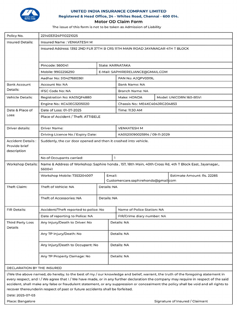 Claim Form July 03, 2025 | PDF