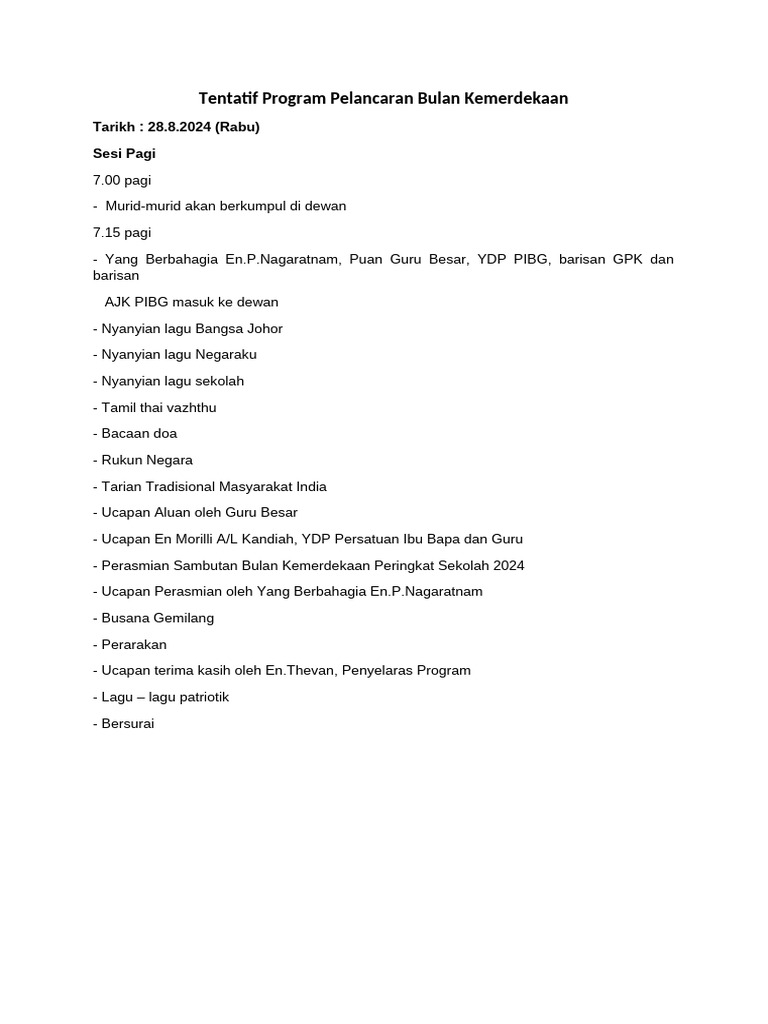 Tentatif Program Pelancaran Bulan Kemerdekaan 2024 | PDF