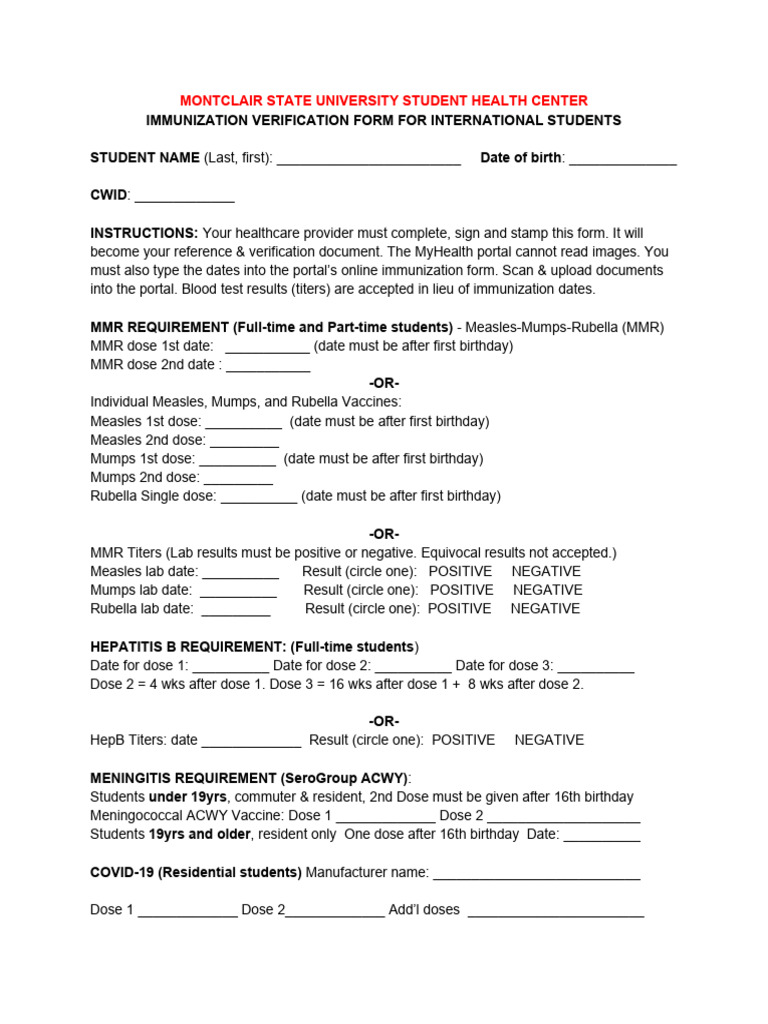Immunization Form International Students | PDF | Vaccination | Animal ...