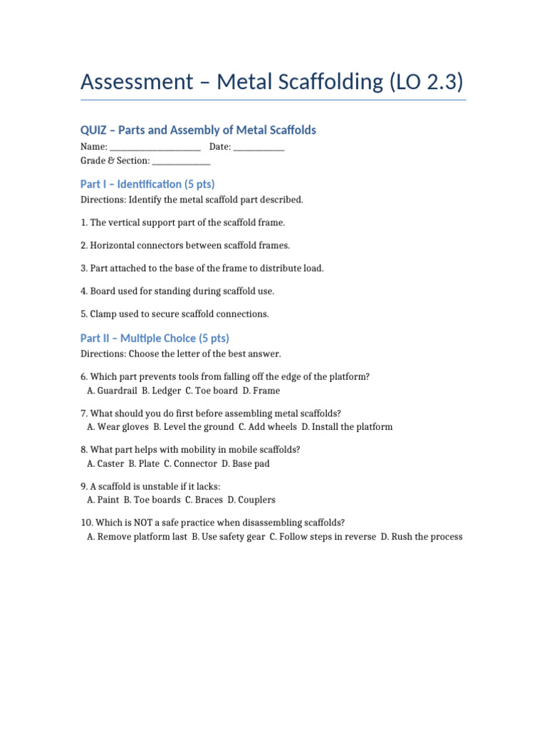 Metal Scaffolding Assessment Quiz | PDF | Scaffolding