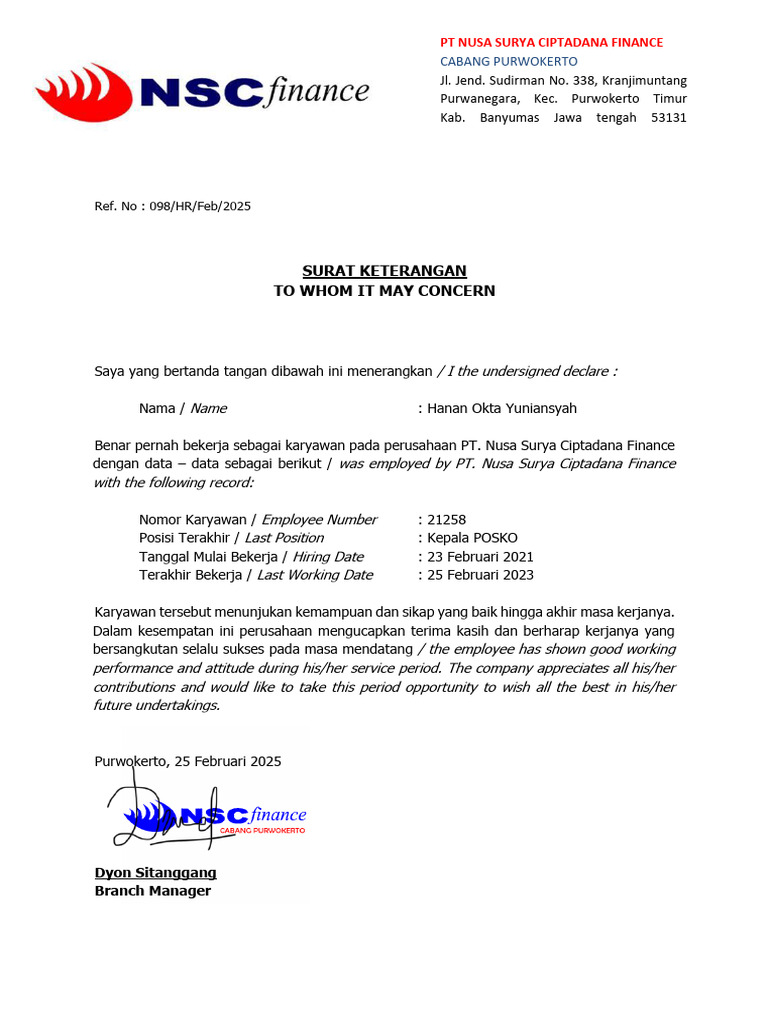 Surat Keterangan Kerja NSC Finance | PDF