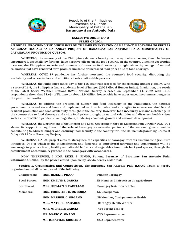 11organizing Hapag E.O No 02-2024 | PDF | Food Security | Hunger