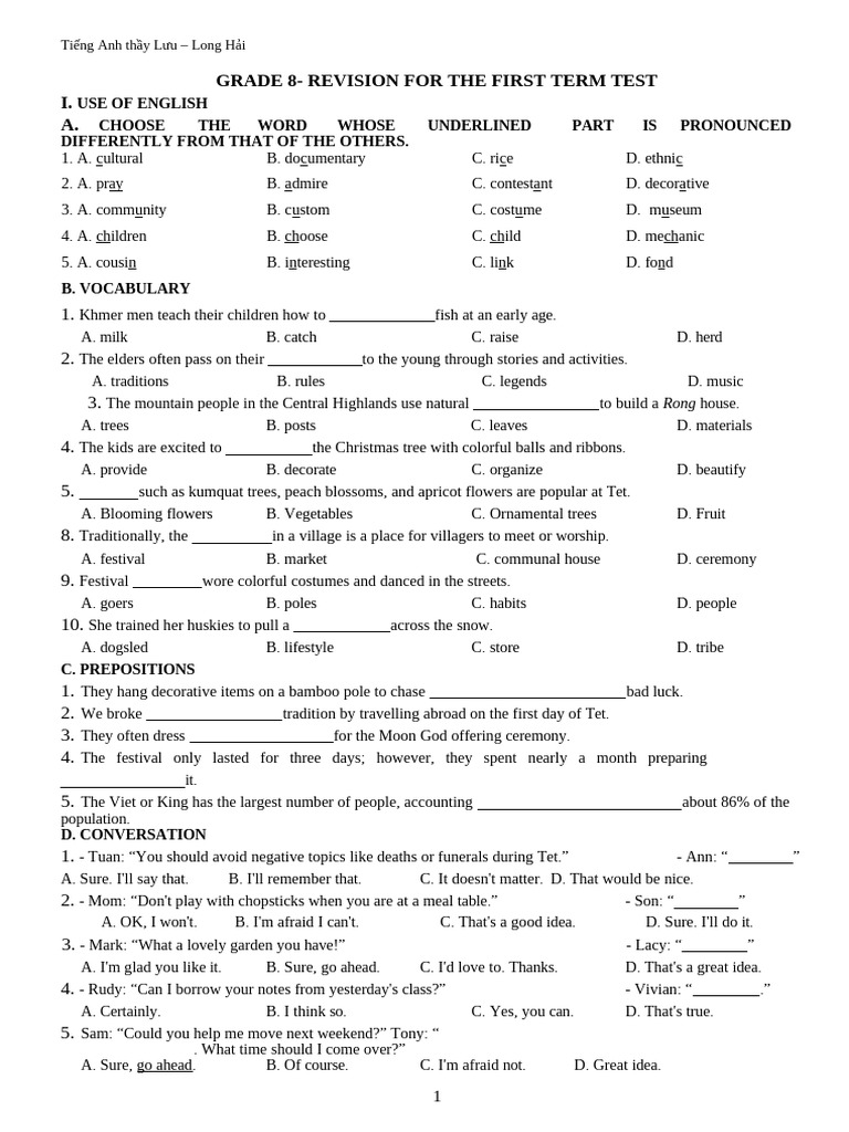 Grade 8 English Test Revision Guide | PDF