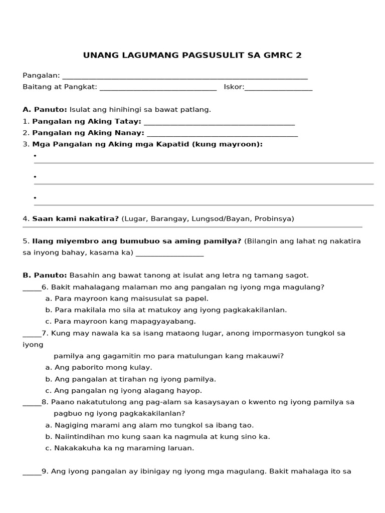 q1 1st Summative Test in GMRC 2 Week 1 2 | PDF