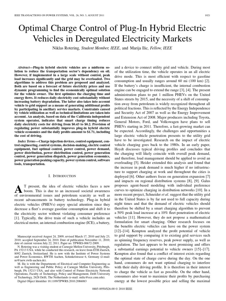 Optimal Charge Control of Plug-In Hybrid Electric | PDF | Plug In ...