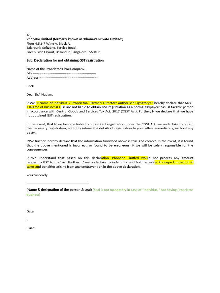 GST Registration Declaration Template | PDF