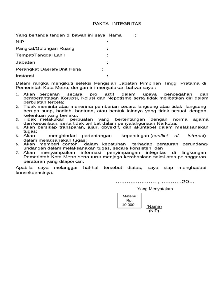 Contoh Pakta Integritas ASN | PDF