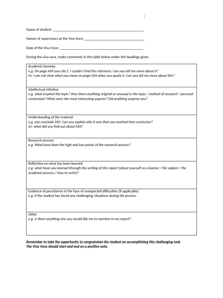 Viva Voce Feedback Template | PDF