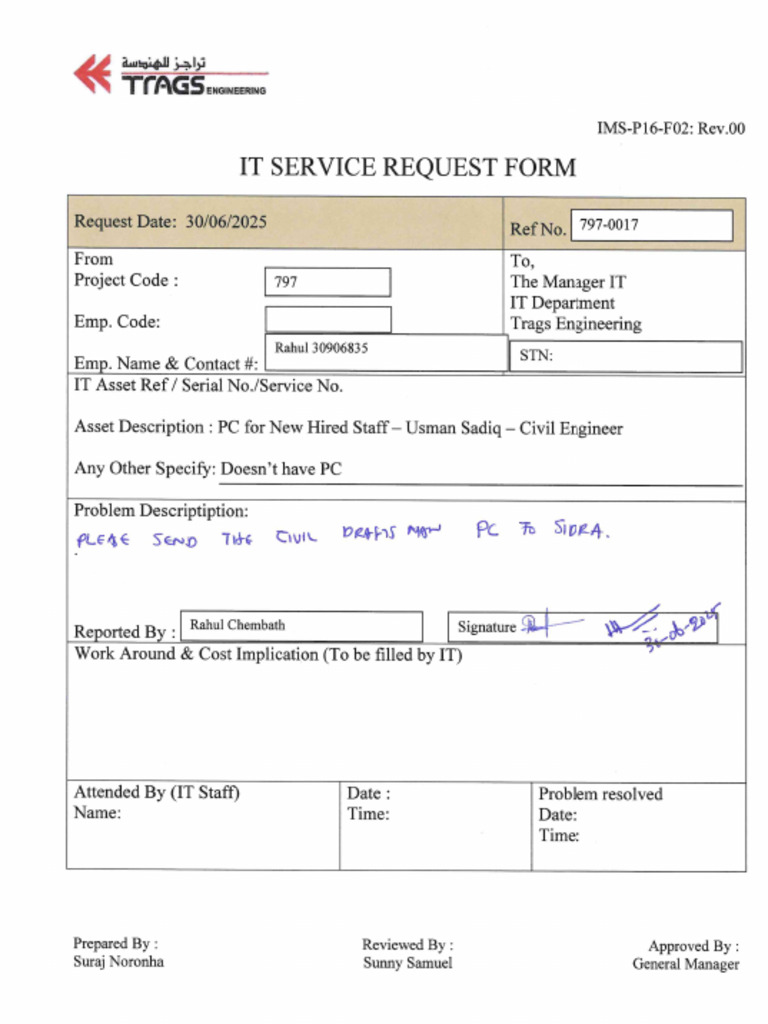 797-0017 Request For PC - Usman Sadiq - Civil Eng | PDF