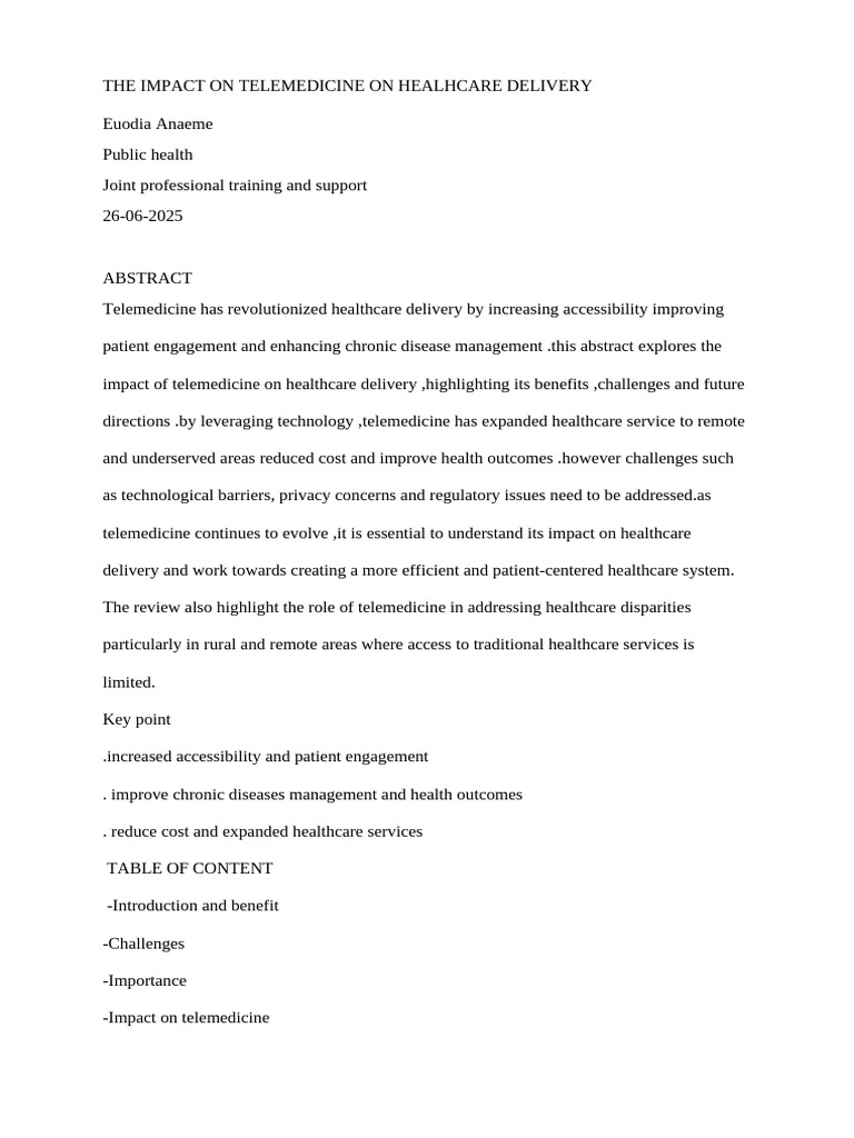 The Impact On Telemedicine On Healhcare Delivery Euodia - 061638 | PDF ...