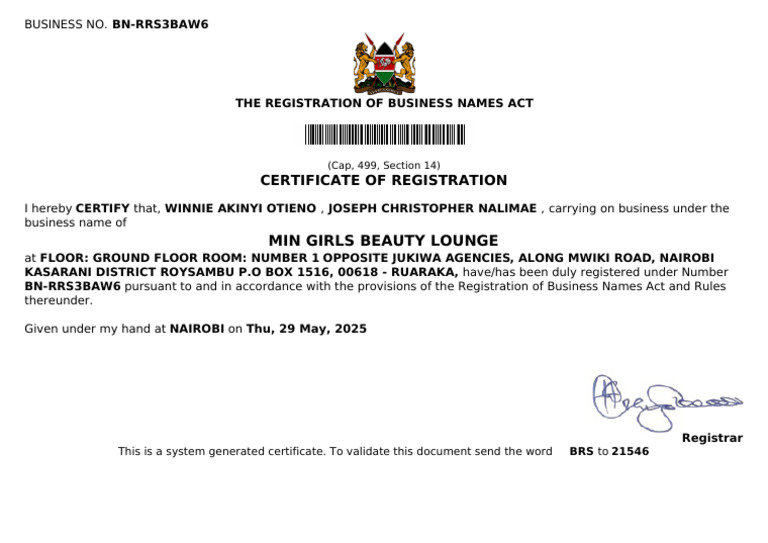 BN-RRS3BAW6-Business Name Registration Certificate | PDF