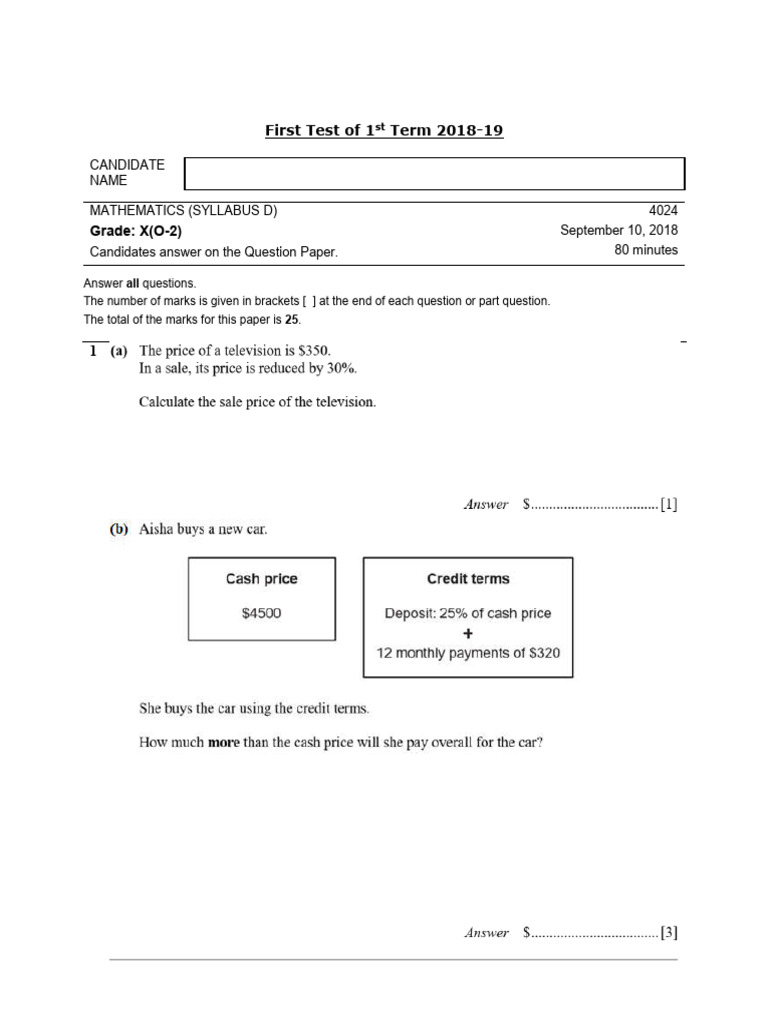 2018-19 Grade X Math Test Paper | PDF