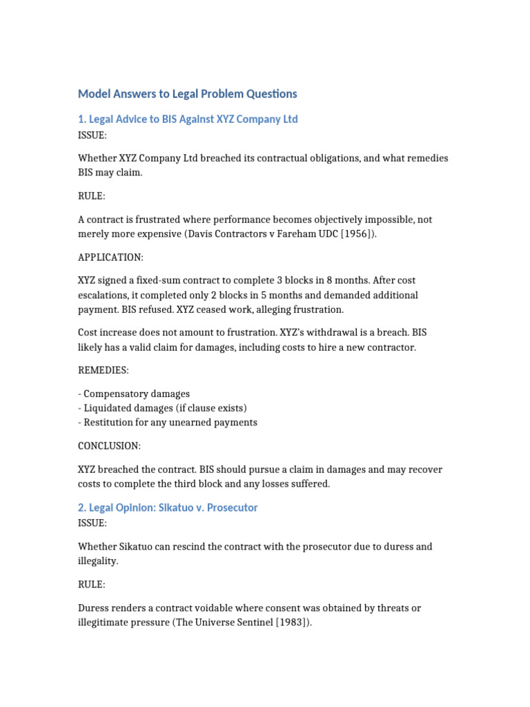 Legal Problem Question Model Answers | PDF | Damages | Breach Of Contract