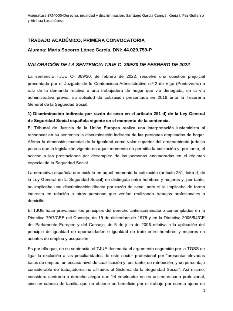 Valoración de La Sentencia Tjue C - 389/20 de Febrero de 2022 | PDF