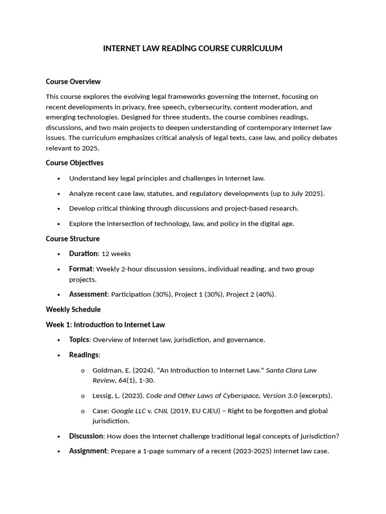 Internet Law Curriculum Overview | PDF | Privacy | Internet Governance