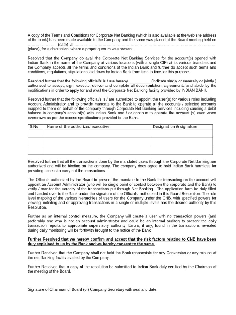 Board Resolution for Corporate Net Banking | PDF | Banks | Business