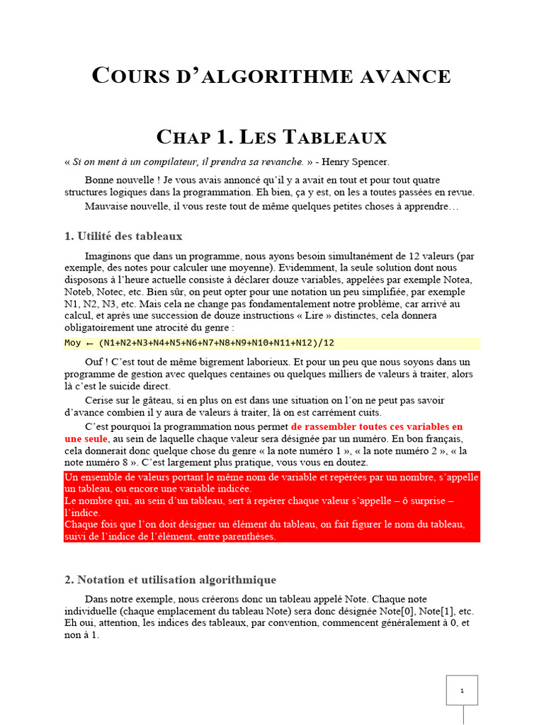 Introduction aux Tableaux en Algorithmes | PDF | Programmation ...
