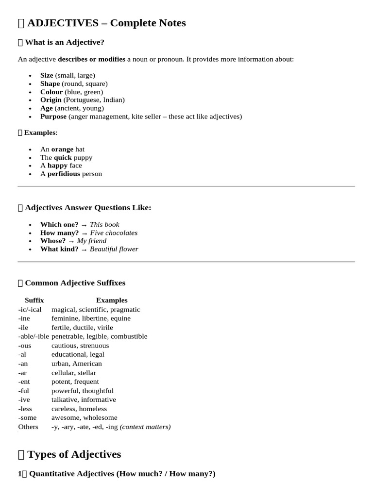 Adjective Usage and Types Explained | PDF | Adjective | Grammatical Number