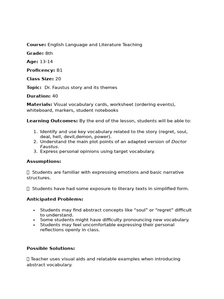Language and Literature Teaching Lesson Plan | PDF | Vocabulary | Teachers