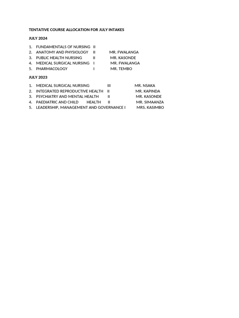 July 2024 Nursing Course Allocation | PDF