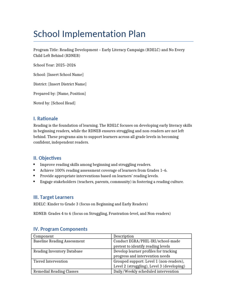 RDELC and RDNEB School Plan 2025-2026 | PDF | Education Theory | Human ...