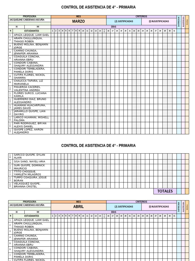 Registro de Asistencia 4° Primaria | PDF