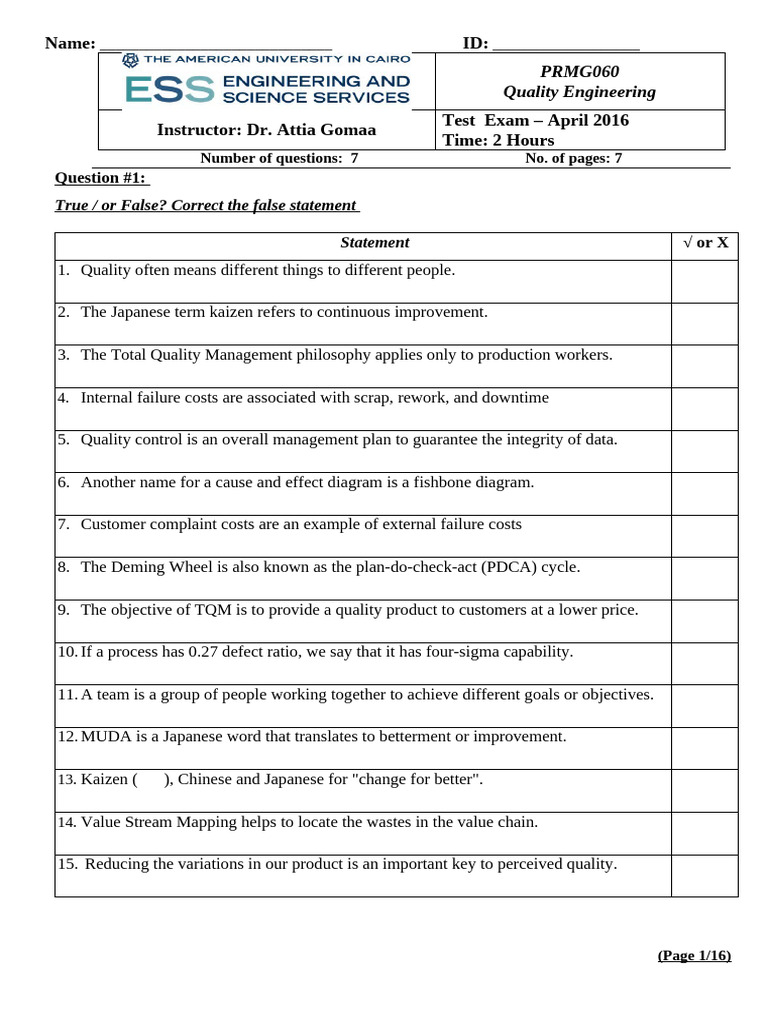 PRMG060 - Quality Eng - Test Exam & Model Answer - April 2016 | PDF ...