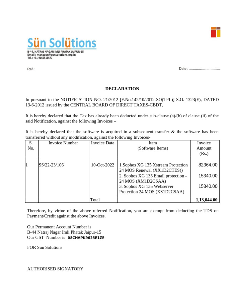 TDS Exemption Declaration under Notification 21/2012 | PDF | Invoice ...