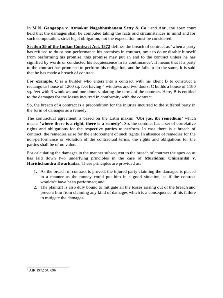 Damages in Breach of Contract Cases | PDF