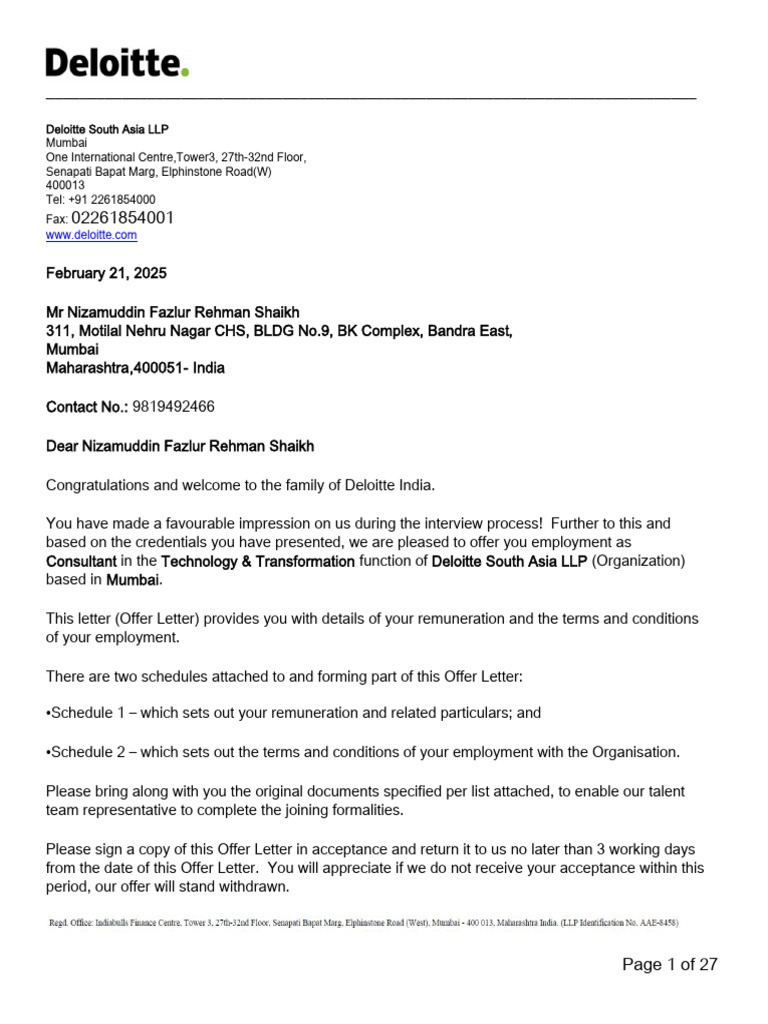 Deloitte Employment Offer Letter | PDF