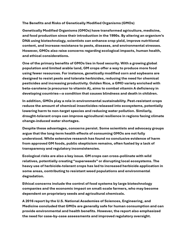 GMO Benefits and Risks Explained | PDF | Genetically Modified Organism ...