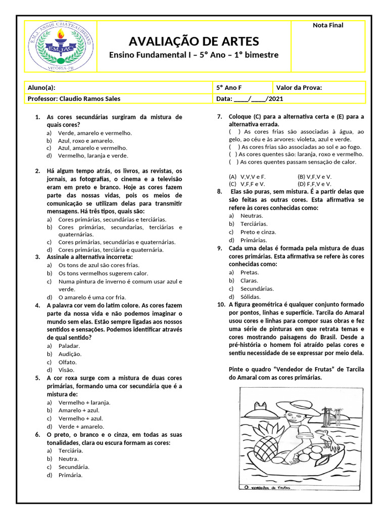 Avaliação de Artes - 5º Ano | PDF | Cor | Vermelho