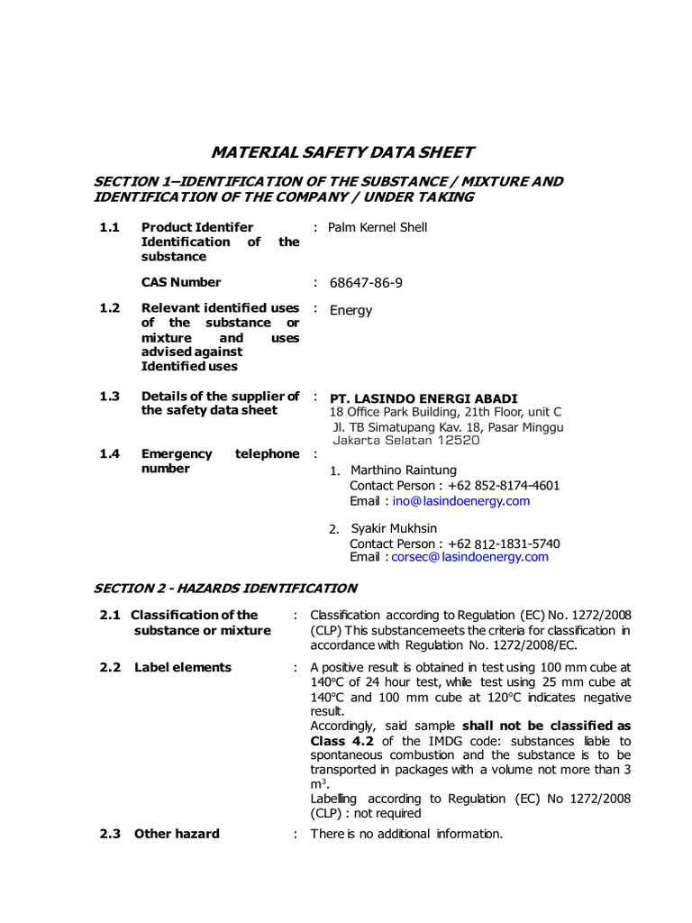 MSDS for Palm Kernel Shell | PDF | Materials | Chemistry