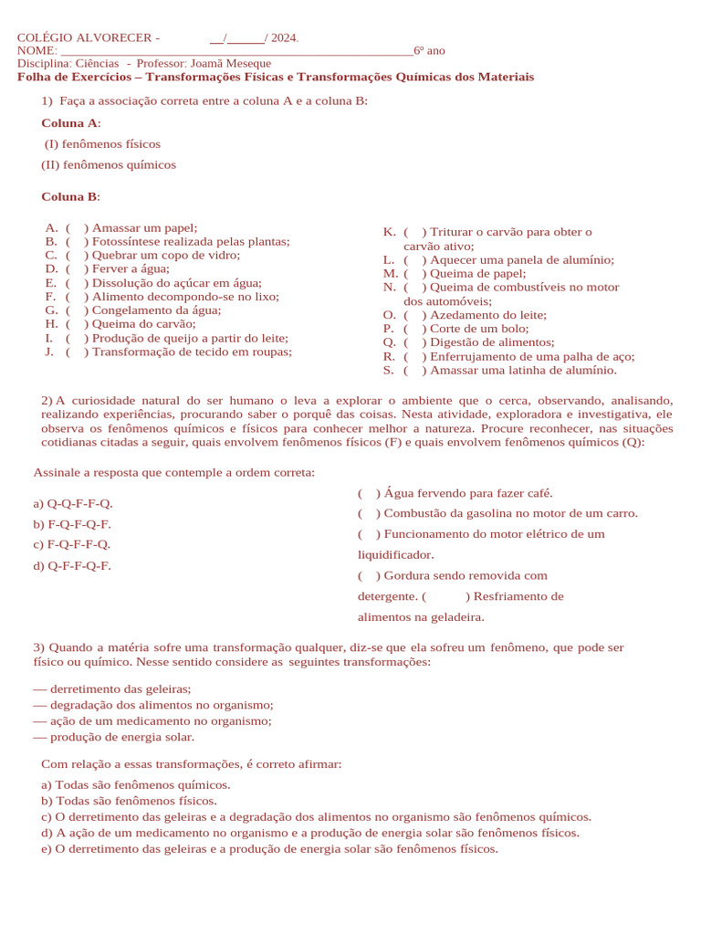 Exercícios sobre Transformações Físicas e Químicas | PDF | Química ...