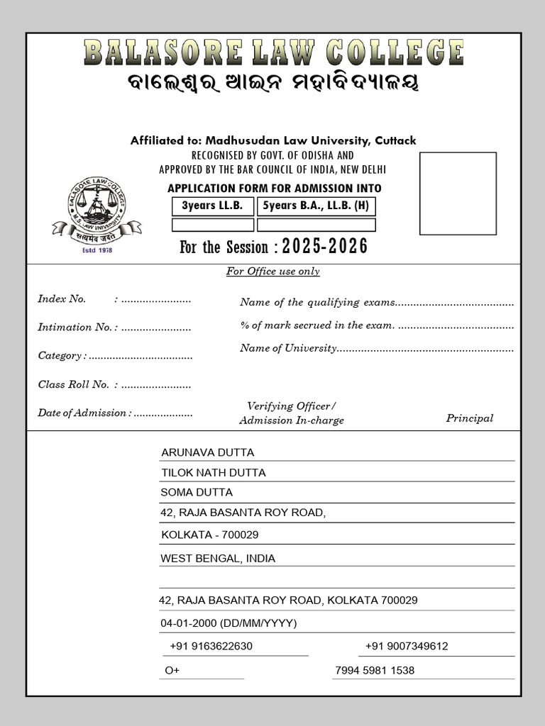 Balasore Law College Admission Form 2025 | PDF