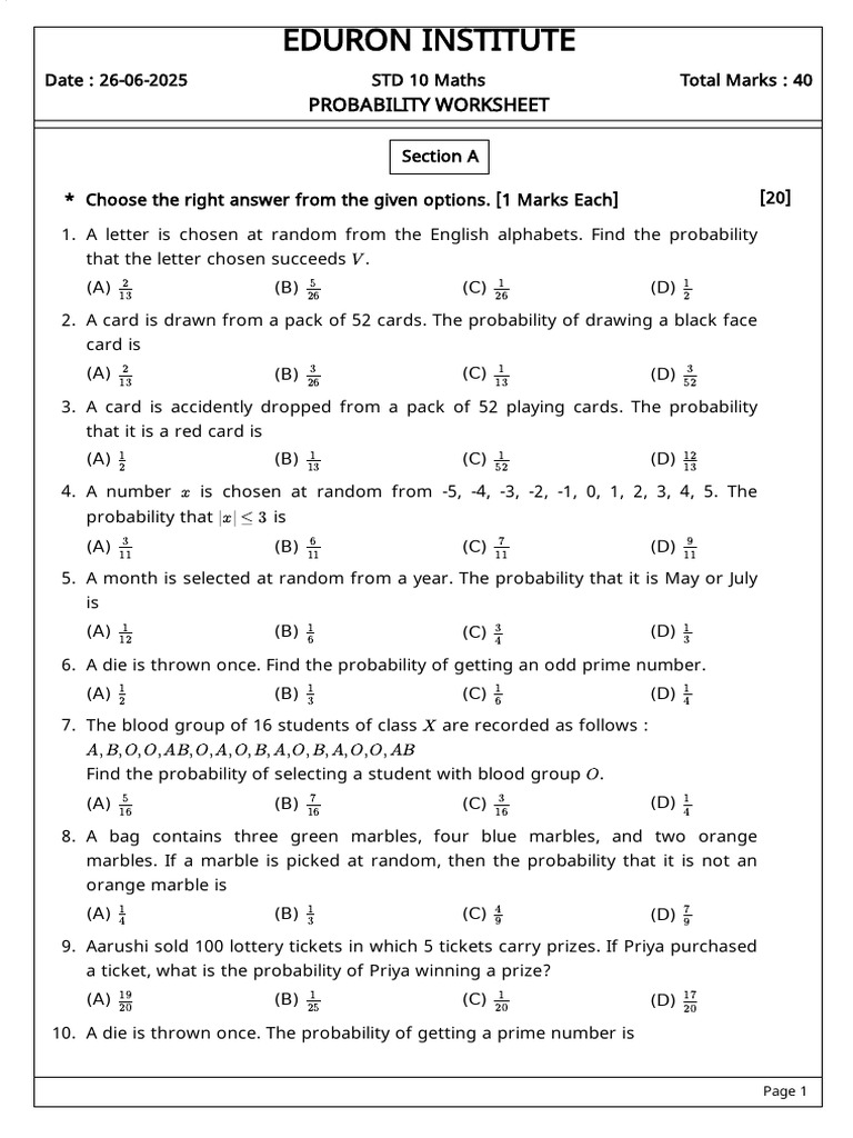Grade 10 Probability Worksheet | PDF | Probability