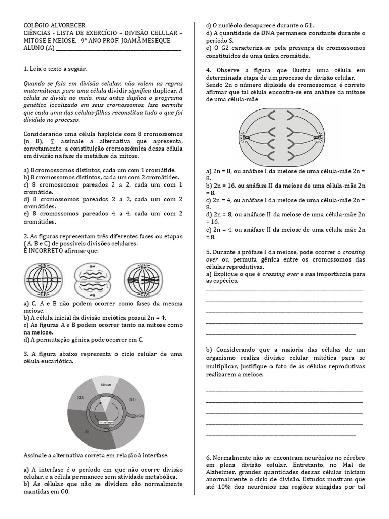 Divisão Celular: Mitoses e Meioses 9º Ano | PDF | Meiose | Mitose