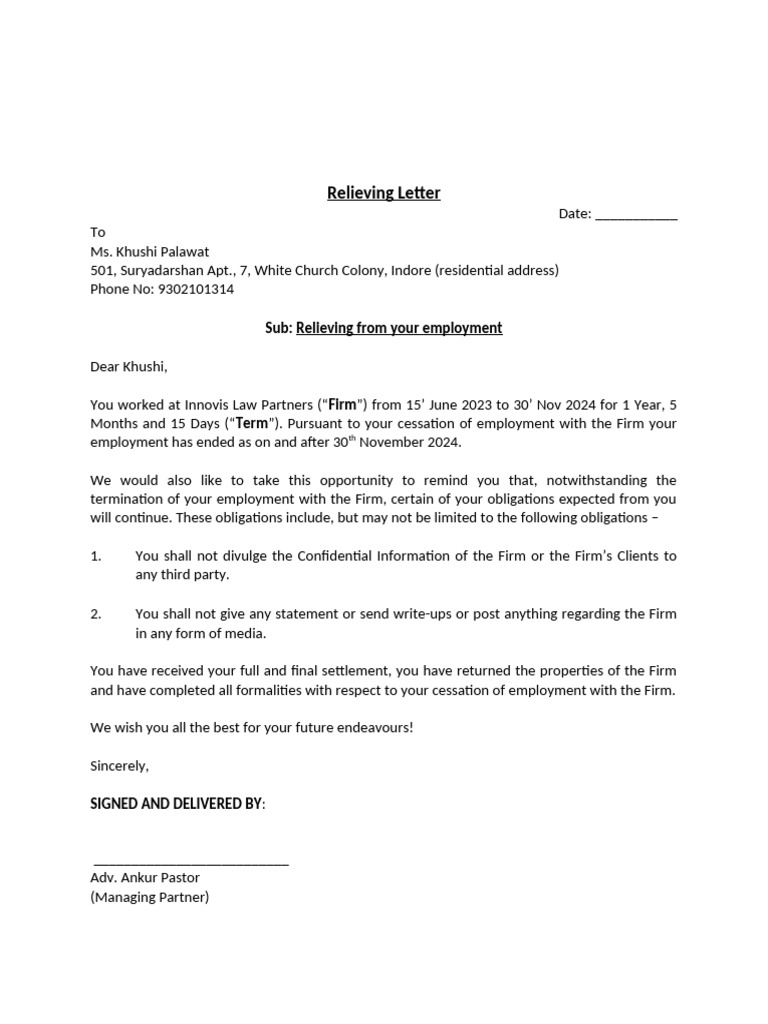 Employment Termination Relieving Letter | PDF