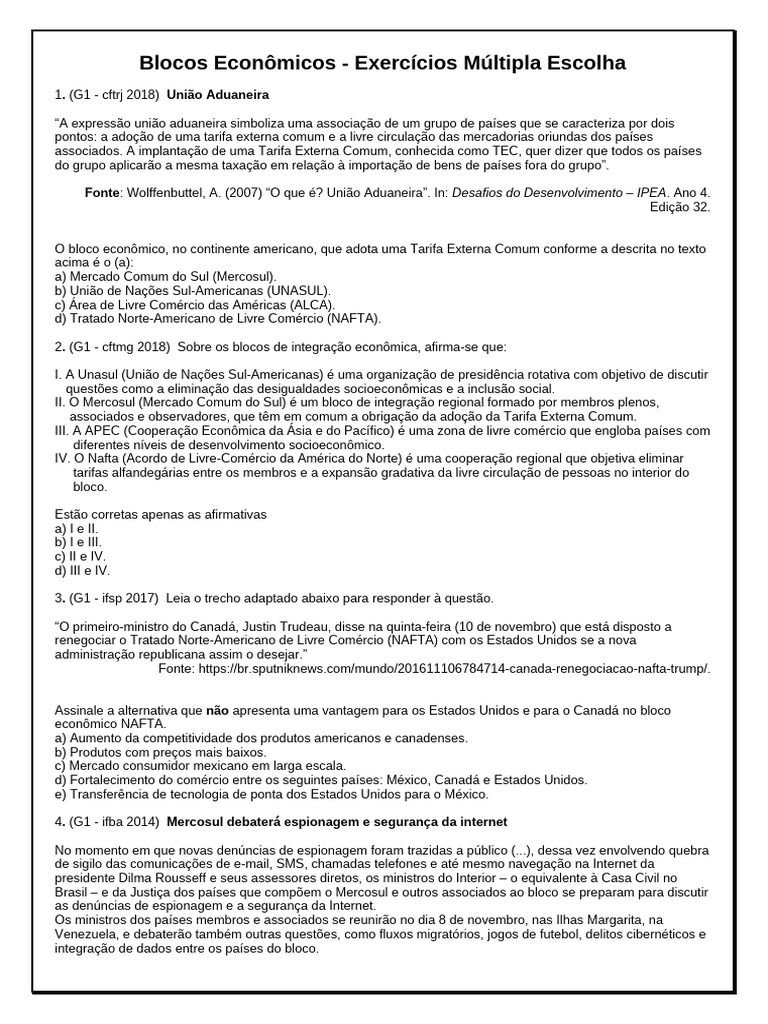 Exercícios sobre Blocos Econômicos | PDF | Livre comércio | Acordo de ...